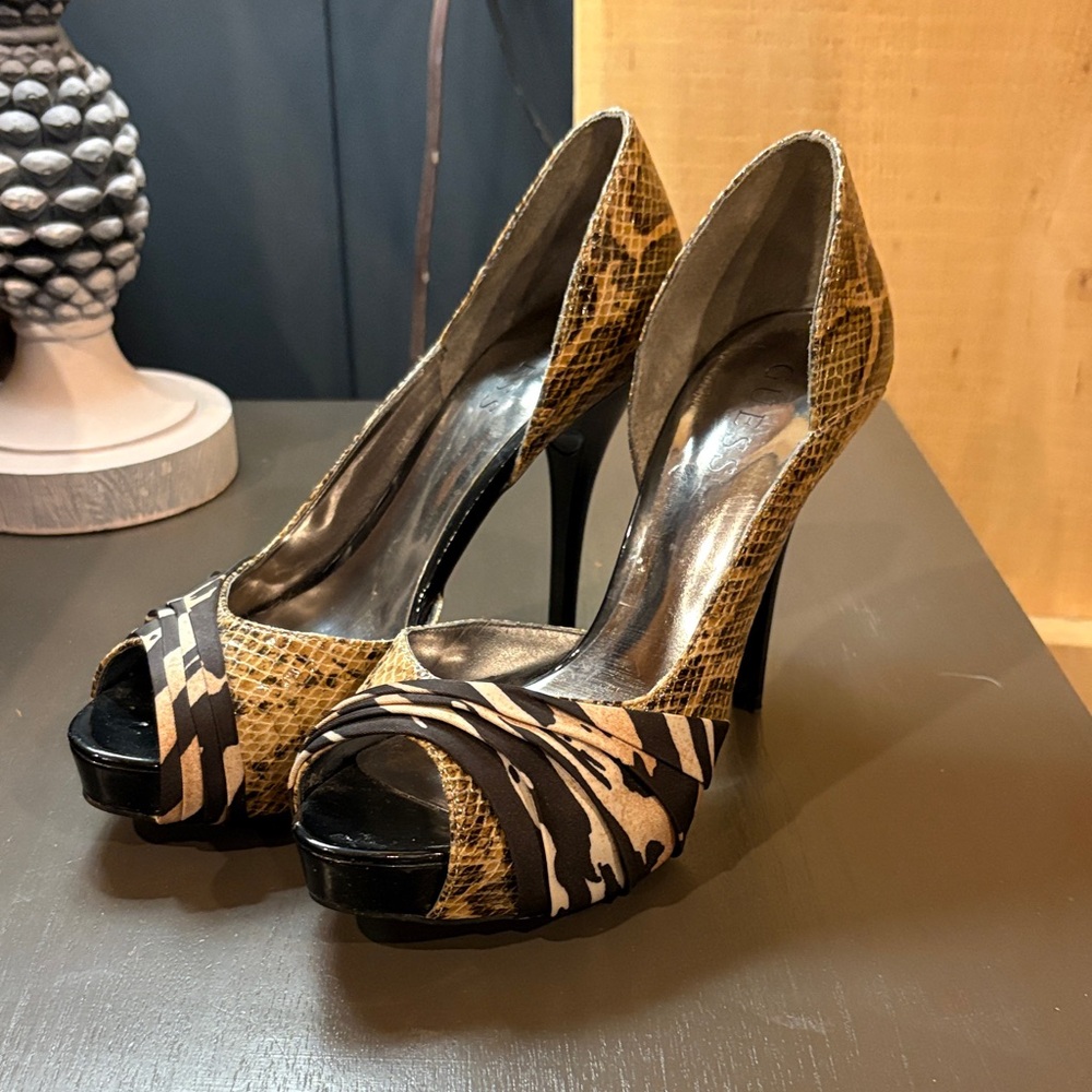 Guess Animal Print Peep-Toe Heels 7.5